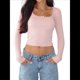 thumbnail image 1 of Top Corto de Larga para Mujer, Cuello Cuadrado, para Salir, Top de Punto Acanalado con Lazo y Encaje de Patchwork. Rosa XL, 1 of 7