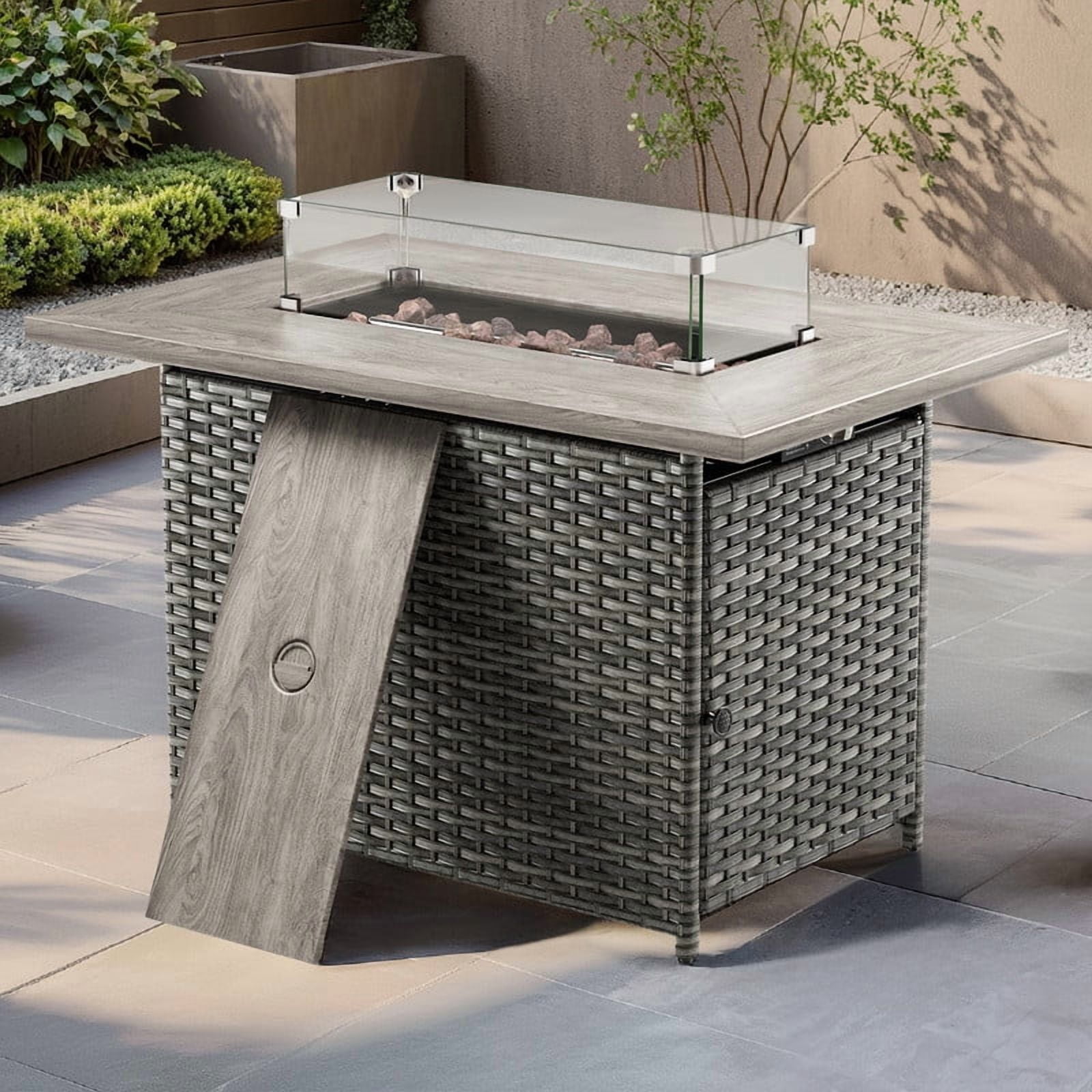Giantfurnni 41" Propane Fire Pit Table with Lid, Outdoor Wicker 50,000 BTUs Rectangle Gas Fire Pit Table with Glass Wind Guard and Lava Rocks for Balcony Porch Deck