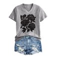 thumbnail image 4 of Jamsmile Women T-Shirts Summer Flowers Print V Neck Solid Color Short Sleeved T Shirts Casual Pullovers Graphic Tees Tops, 4 of 4