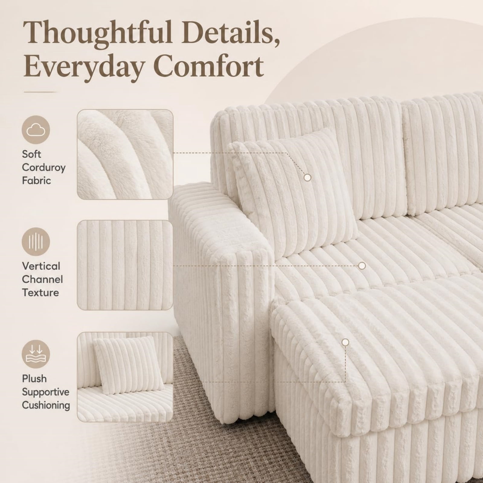 Corduroy U-shaped Sectional Sofa, Modern Minimalist Modular Couch with Pull-Out Sleeper Bed and Storage Chaise, Soft Fabric Convertible Sofa for Living Room, Apartment