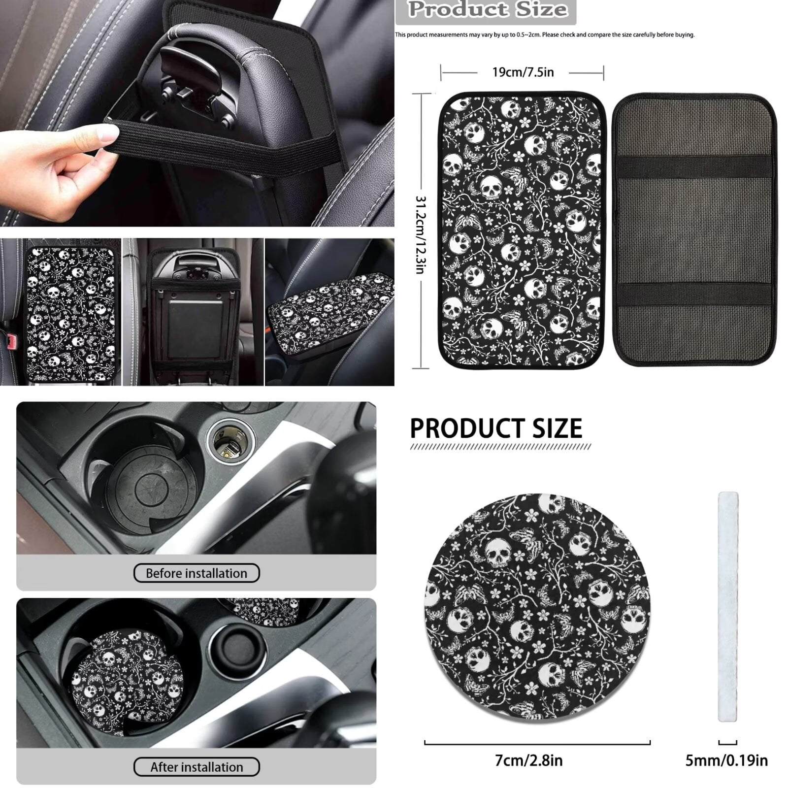 FKELYI Vintage Floral Skull Print Auto Seat Covers Full Set with Steering Wheel Cover Shoulder Seatbelt Pad Armrest Pad Cup Coasters Head Rest Protector Gear Shift Knob Sleeve for Most Sedan