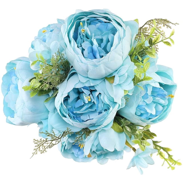 Ramo de flores de seda de peonía artificial vintage, decoración de boda para el hogar (azul) brillar Juguete