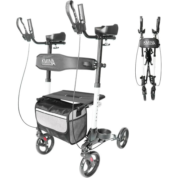 KMINA - Upright Rollator Walker with Seat and Back Support, Folding for Seniors with Armrest, Adjustable