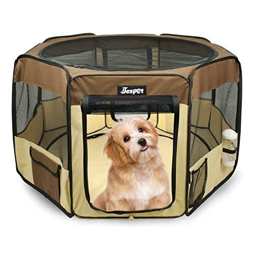 Jespet 2 Door Portable Soft sided Dog Playpen, Brown, 45"L x 45"W x 24