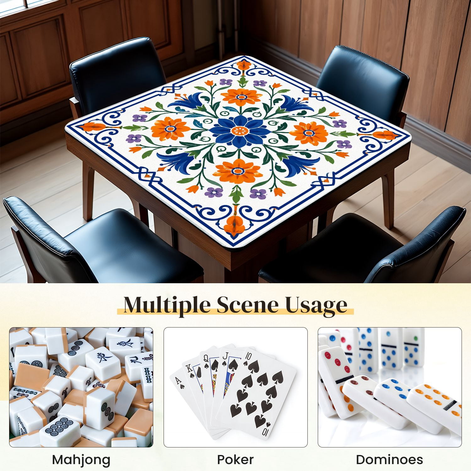 Mahjong Mat 31.5" x 31.5" Floral Geometric Blue Orange Purple Flowers Symmetrical Non-Slip Noise Reduction Mahjong Tiles Table Cover for Dominoes Poker Card Board and Tile Games