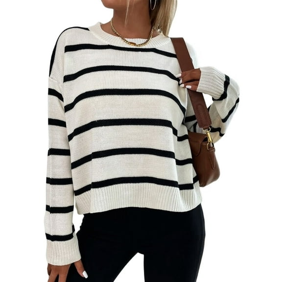 Women'S Striped Drop Shoulder Sweater Oversized Crew Neck Knit Sweaters Pullover Top White S