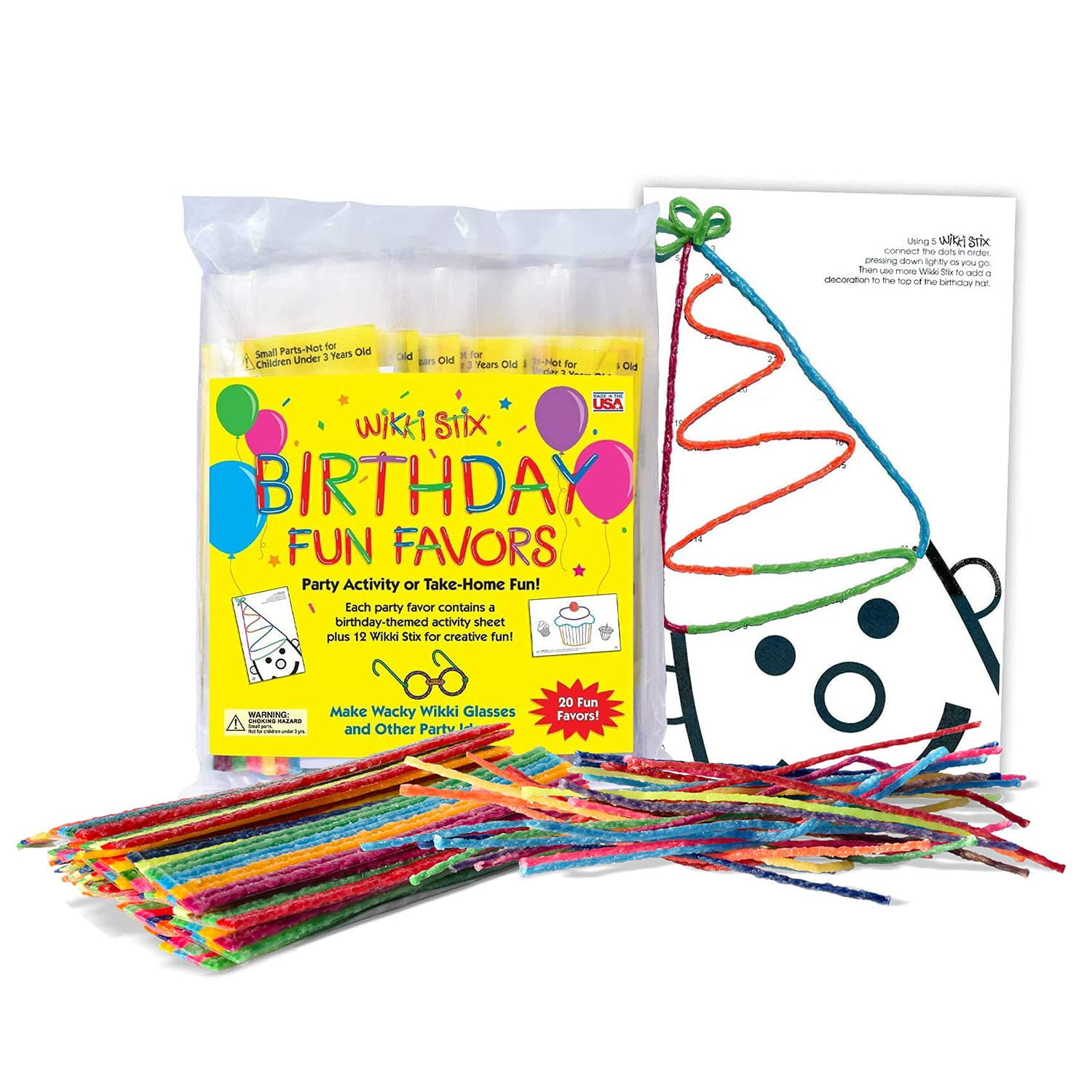 Wikki Stix Birthday Fun Favors, pack of 20 individual fun favors, each with  12 and a birthday themed play sheet, Made in the USA