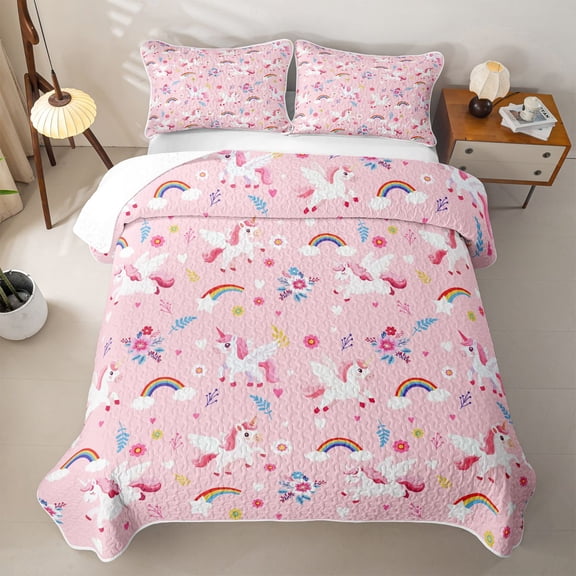 Erosebridal Cute Unicorn Twin Quilt Set,Rainbow Floral Heart Twin Coverlet Set For Girls,2pcs