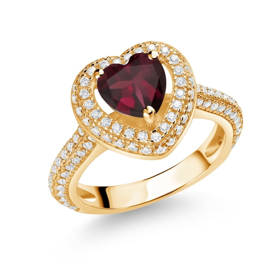 Gem Stone King 18K Yellow Gold Plated Silver Red Rhodolite Garnet and White Moissanite Heart Shape Ring for Women (1.34 Cttw, Size 9)