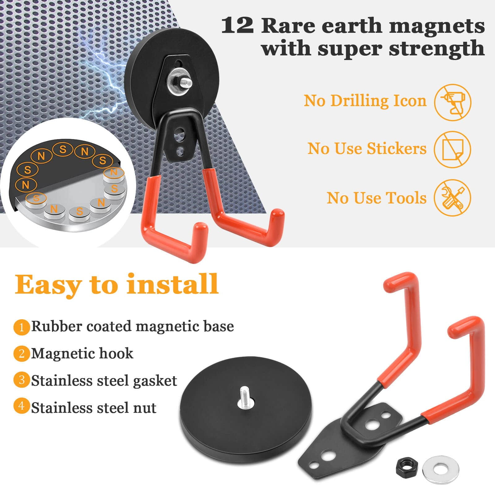 Xl-Kang 2pcsStrong Magnetic Hooks, Garage Magnet Hooks Utility Hooks Heavy Duty for Hanging Yard Tools Extension Hose Power Tools Workshop Organization Outdoor Indoor