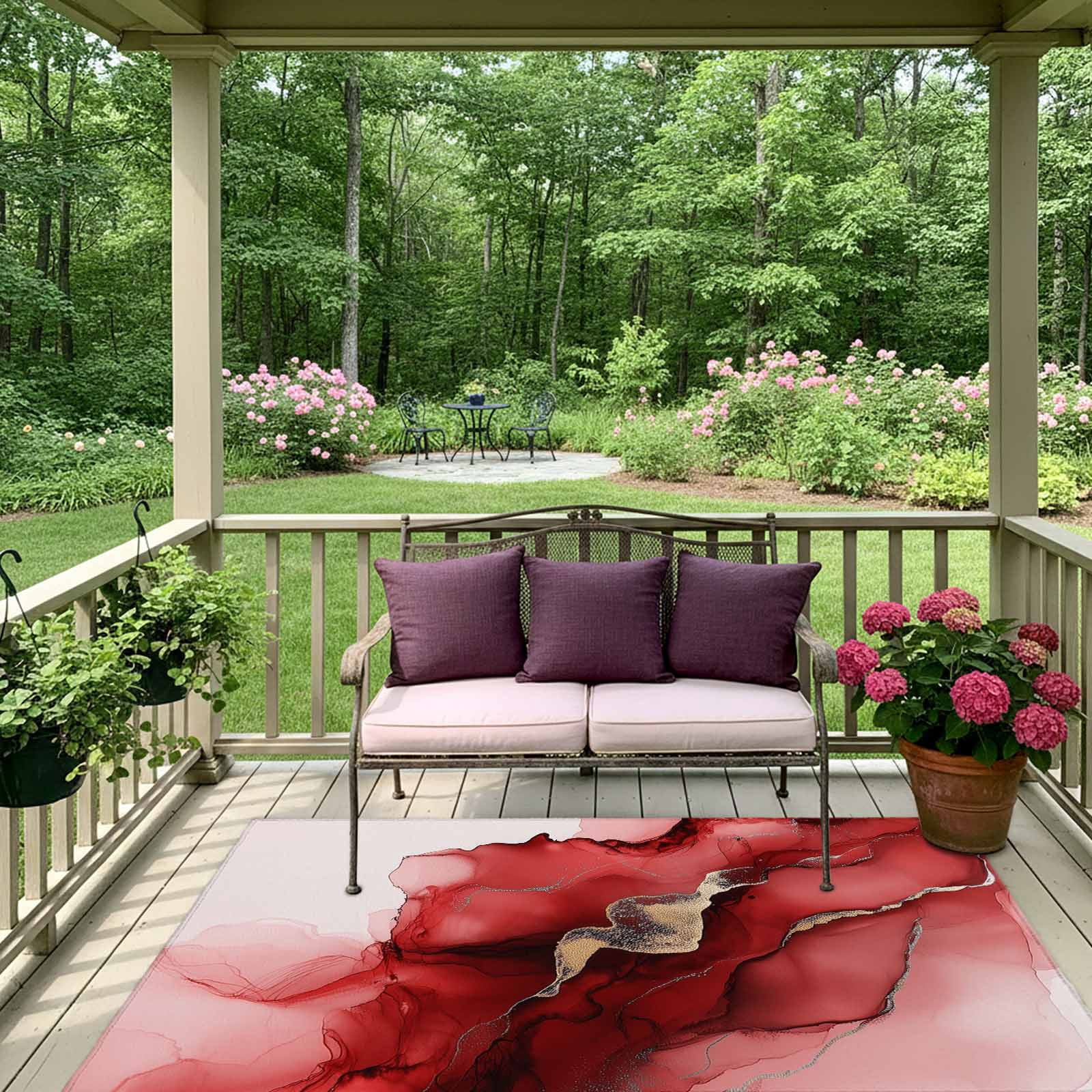 Outdoor Rug 5x8ft Abstract Ombre Red Marble Large Area Rug White Modern Art Indoor Outdoor Carpet Outdoor Rugs Mats for Patio Camping,RV,Front Door, Outside Decor