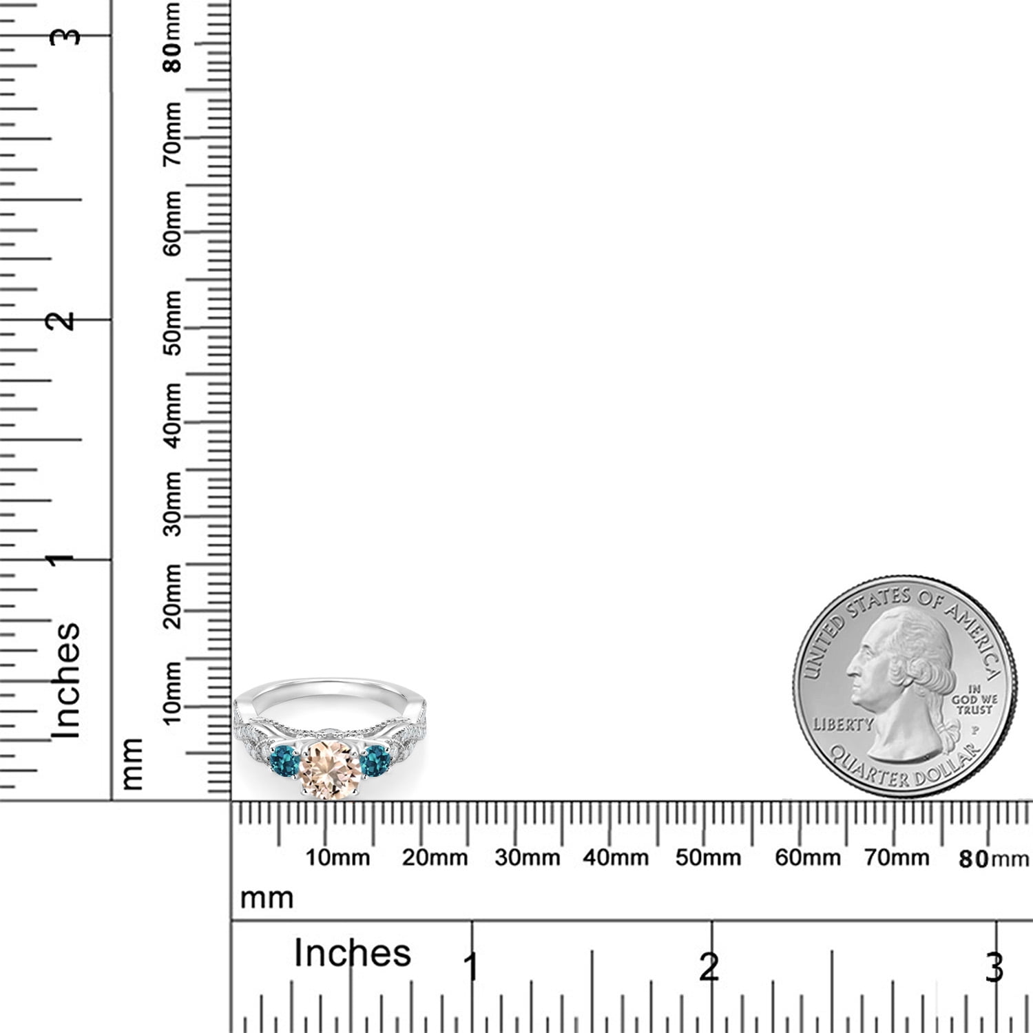 Gem Stone King 1.13 Cttw Peach Morganite London Blue Topaz and White Moissanite Engagement Ring for Women | 925 Sterling Silver | Gemstone Birthstone | Round 6MM and 3MM | Size 5-9 | Size 6