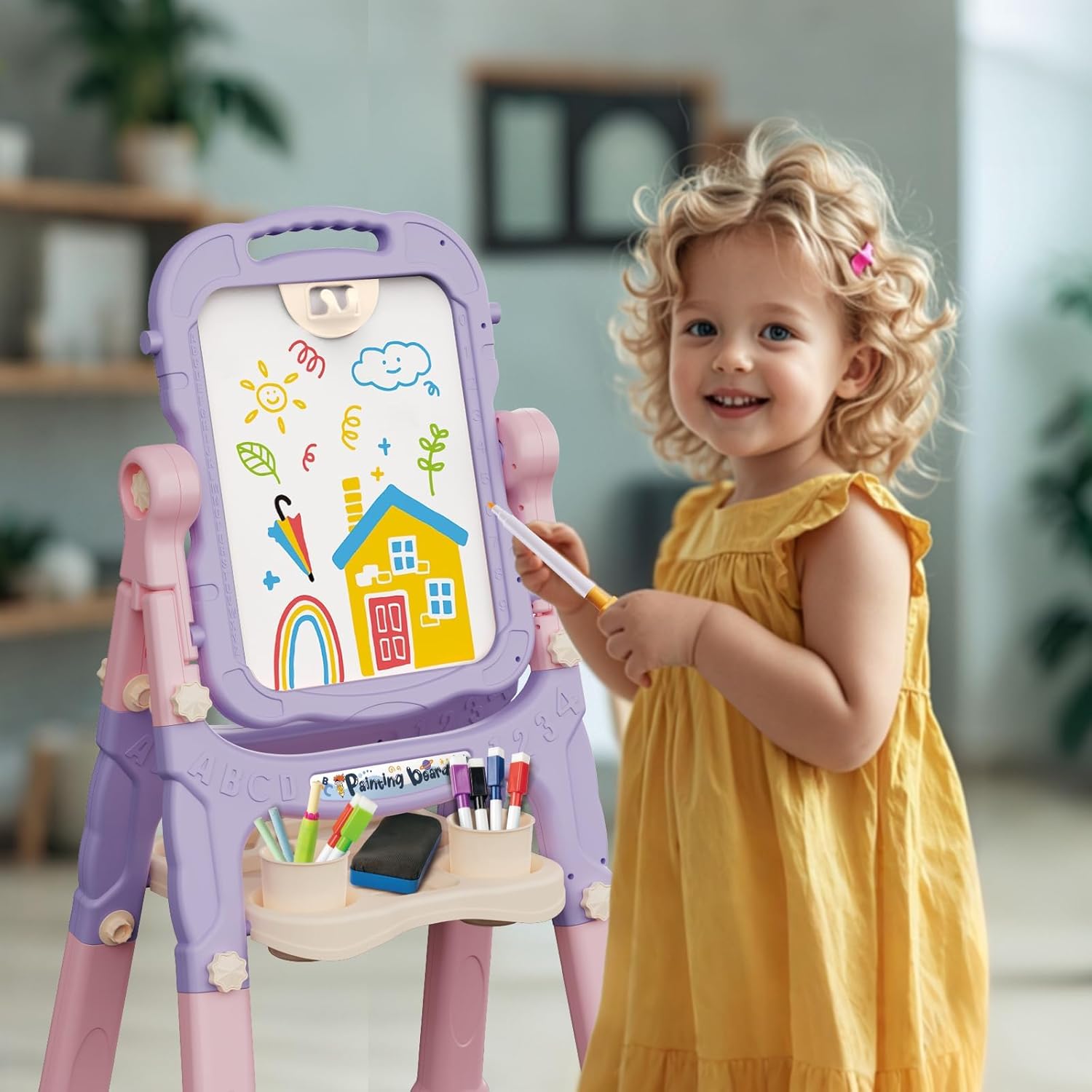 AuntyFey Art Easel for Kids, Adjustable Double-Sided with Chalk Board & Magnetic Whiteboard for Toddlers, Pink&Purple