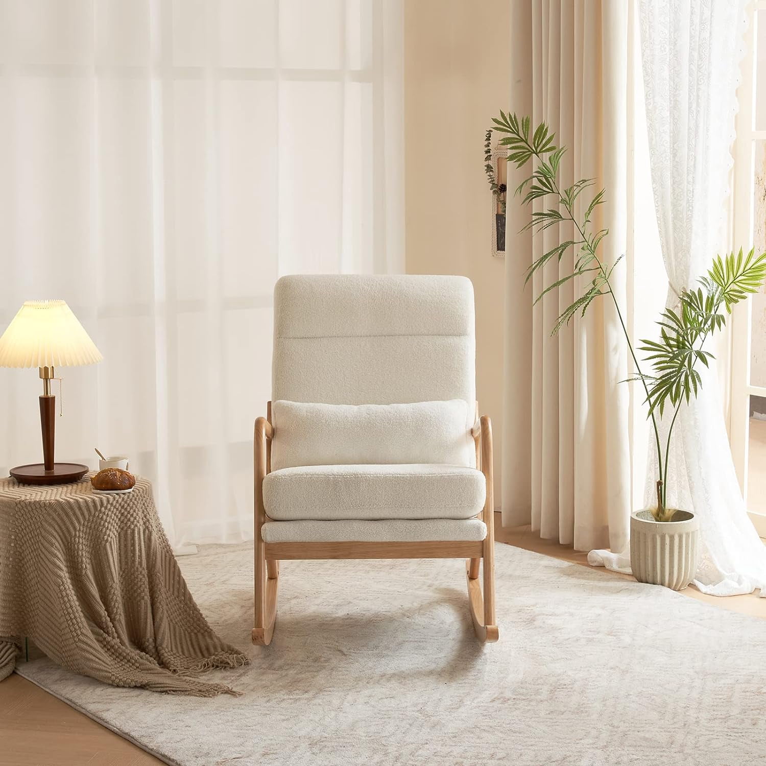 Nursery Rocking Chair Removable Glider Rocker High Backrest Rocking Armchair Mid-Century Accent Chair with Lumber Pillow for Bedroom, Living Room, Nursery, Creamy-White