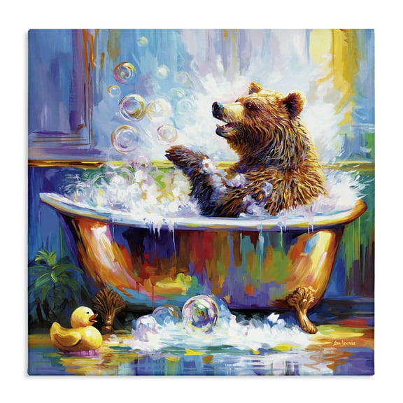 Stupell Industries Happy Bear in Bathtub Bath & Laundry Painting Wrapped Canvas Art Print Wall Art, 17 x 17