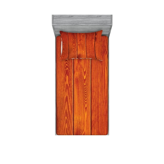 Ambesonne Rustic Fitted Sheet & Pillow Sham Set, Wood Timber Floor Orange, Twin, Orange Marigold