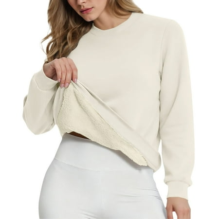 Comdrip Fleece Pullover Women Women s Winter Long Sleeve Solid Color Velvet Warm Round Neck Pullover Casual Sweatshirt Womens Crewneck Sweatshirt Khaki 4XL