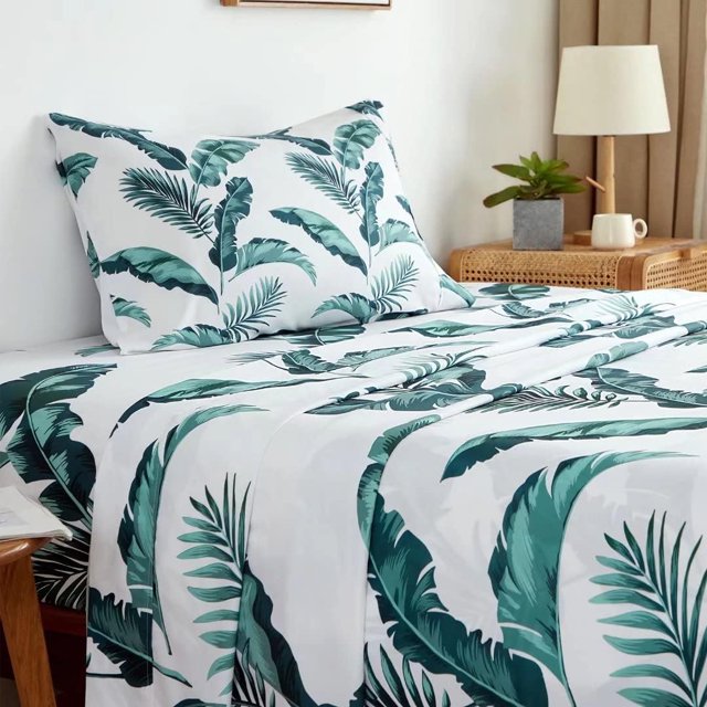 King Size Bed Sheets Set PC Soft Cooling Thread Count Microfiber Printed Sheet Deep Pocket Breathes Better Machine Washable Tropical Palm Tree Fronds Patterned Double