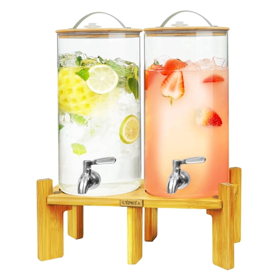 L'ÉPICÉA  2 PCS 1.5 Gallon Glass Beverage Dispensers with Wood Stand, Drink Fountain for Parties with Stainless Steel Spigot, Water Dispenser for Home