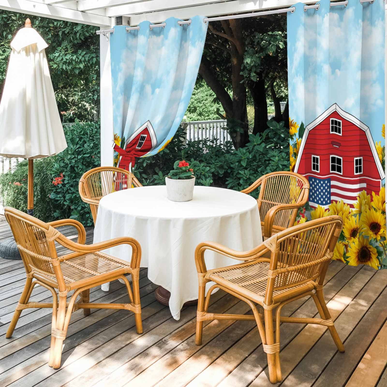 Independence Day Outdoor Curtains for Patio, U.S. Flag Themed Red Barn Farmhouse Sunflower Sunshade Privacy Drapes Grommet Waterproof Outside Curtains for Porch/Cabana/Balcony 54"x 108", 1 Panel