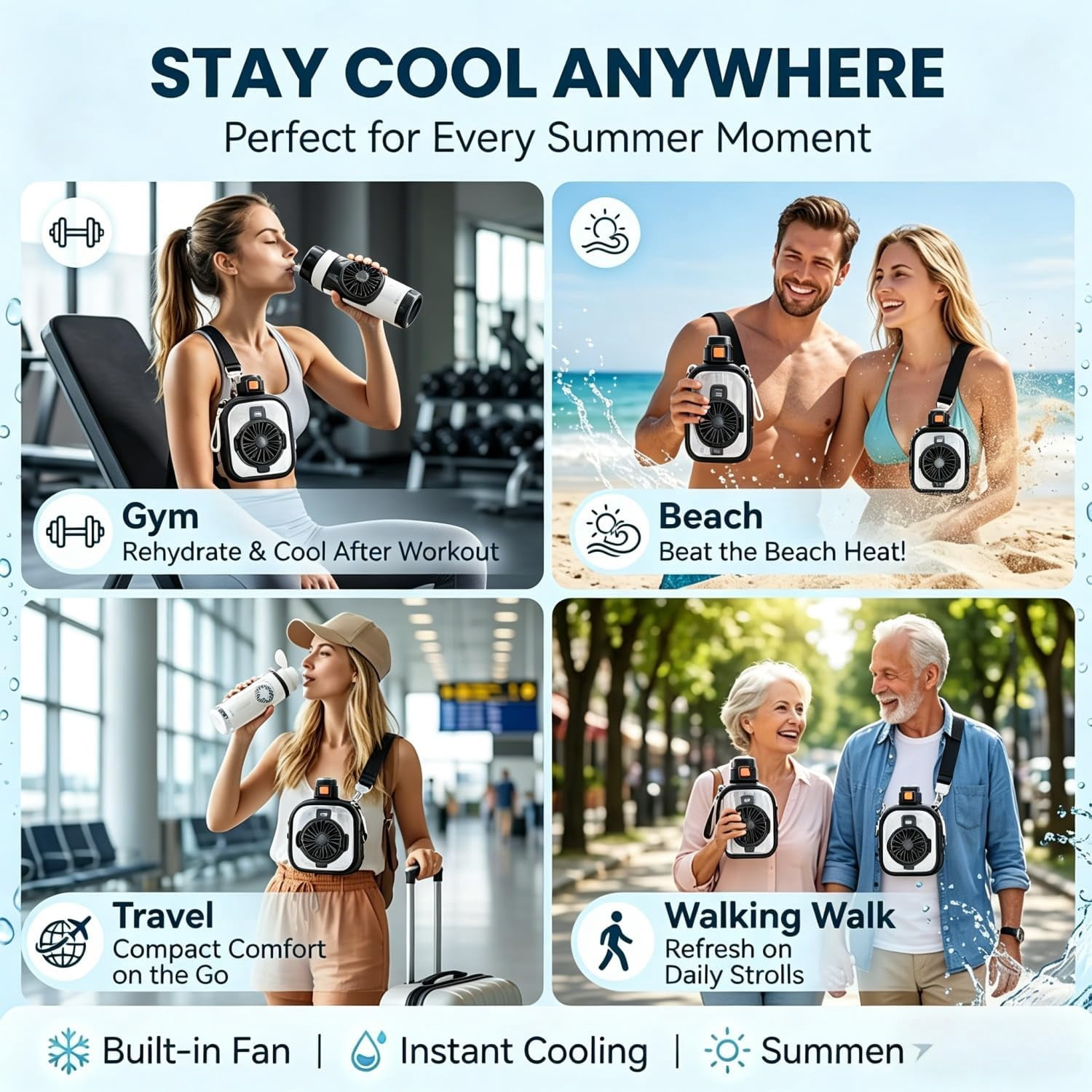 USB Rechargeable Fan Water Bottle 33oz Stainless Steel Outdoor(Black)