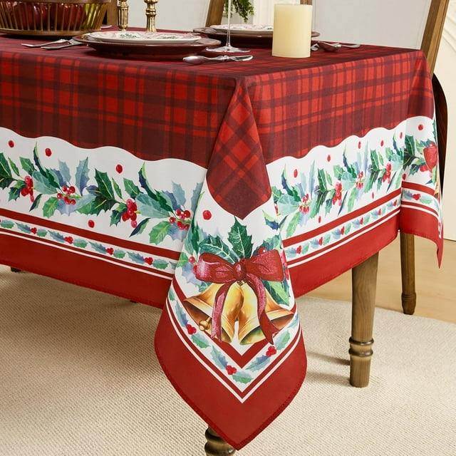Christmas Checkered Rectangle Tablecloth, Winter Holly Bell Table Cloth, Red Buffalo Plaid Xmas Table Cover for Dining, Party, Holiday Decor - 60 x 120 Inch
