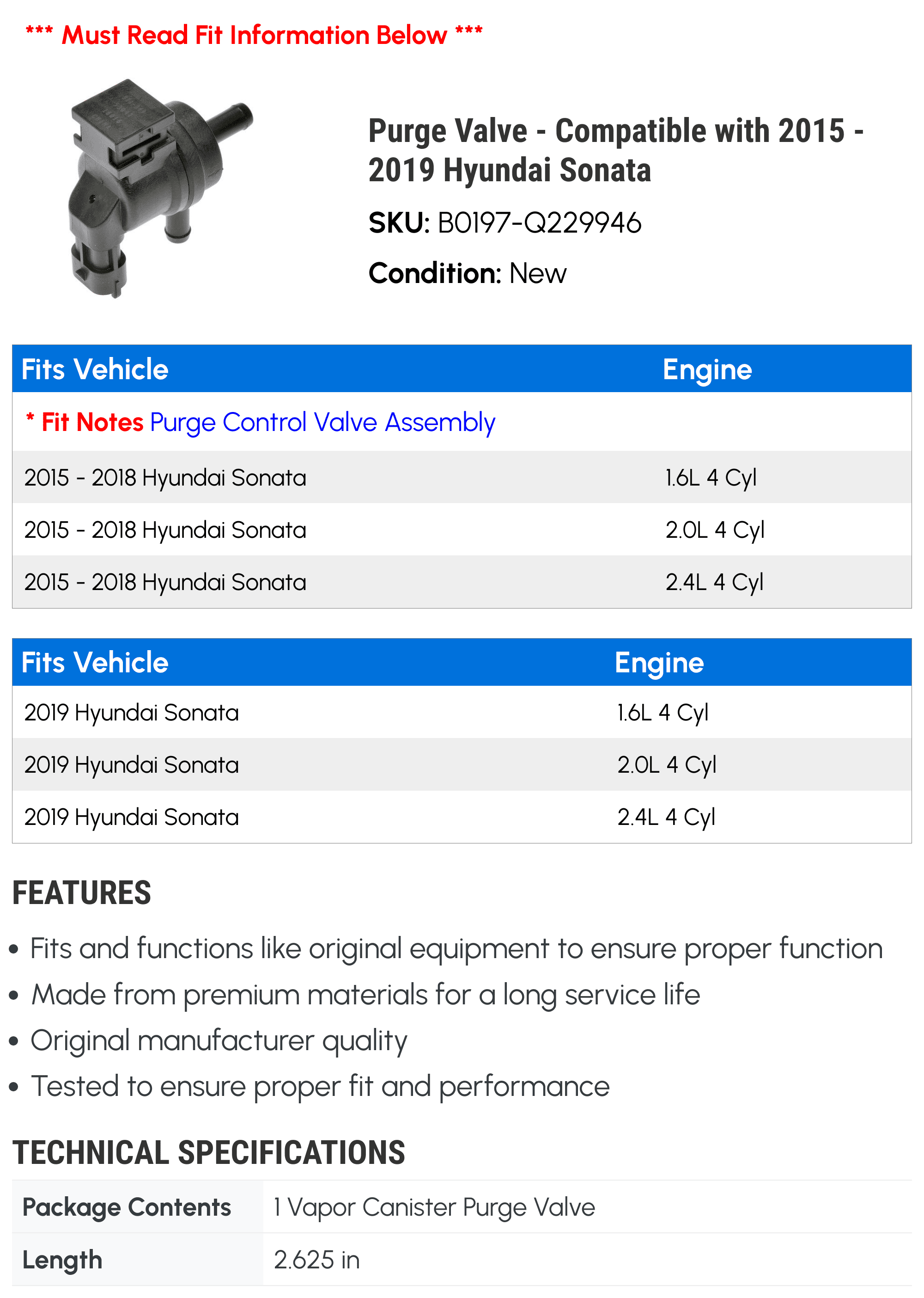 Purge Valve - Compatible with 2015 - 2019 Hyundai Sonata 2016 2017 2018