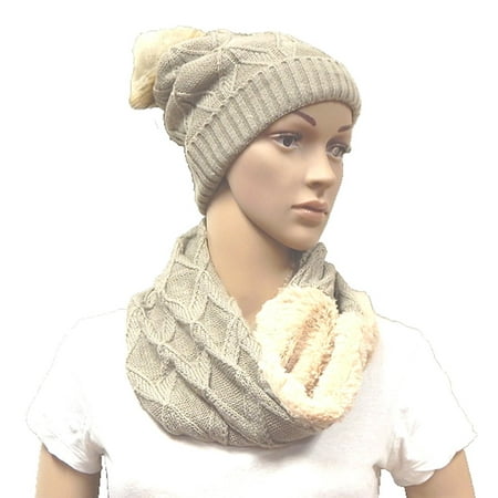 Off White Winter Beanie - Beaute Fashion Women's Pom Beanie Hat and Scarf Set with Faux Fur Pom Pom Fleece Lined, USA COMPANY (Beanie & Scarf Set, Beige)