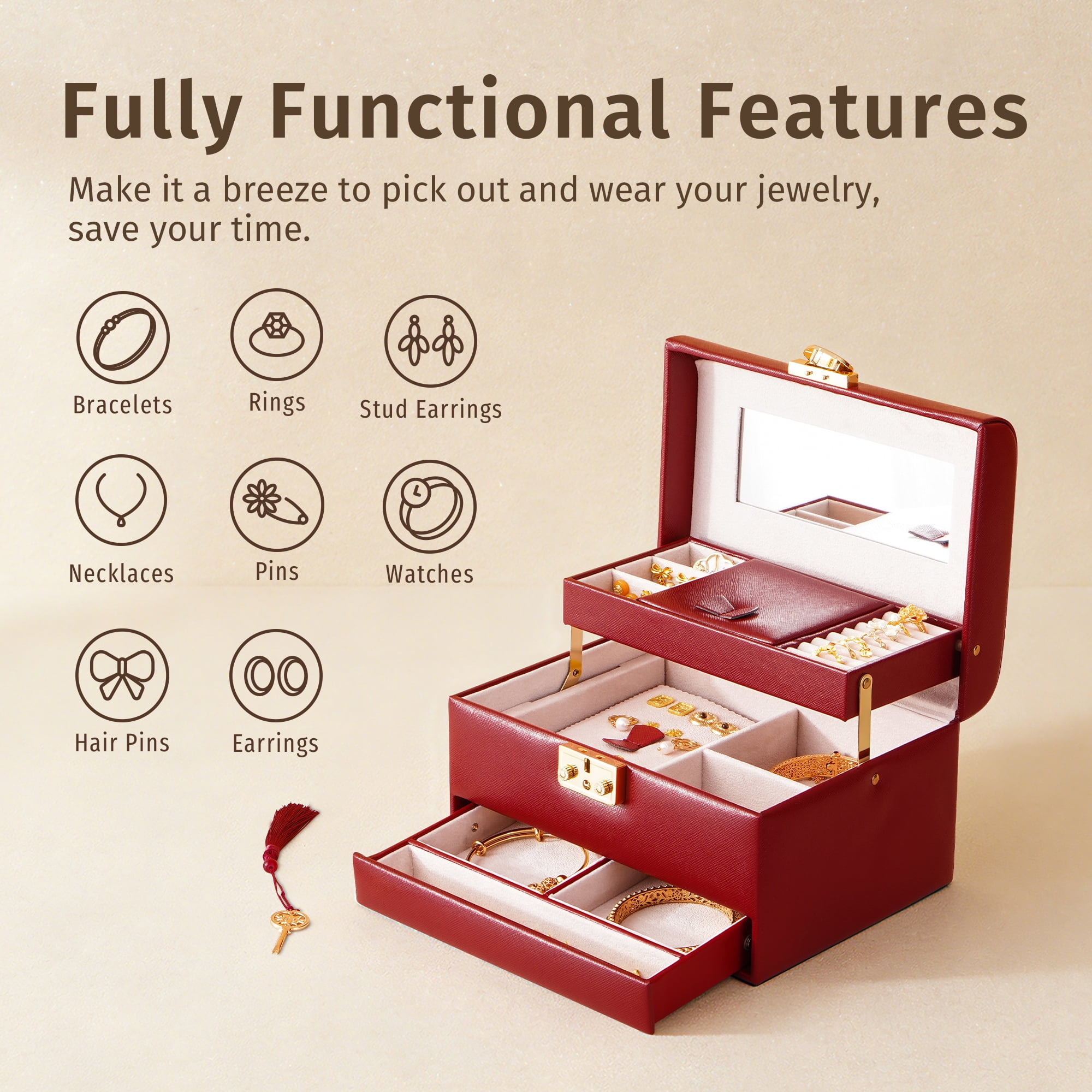 Casegrace Heart Shaped Lock Jewelry Box With Sync Open/Close Drawer, Multi-Layer Storage Case, Built-in Mirror, Portable Jewelry Organizer for Women Rings, Earrings, Necklaces, Valentine’s Day Gift