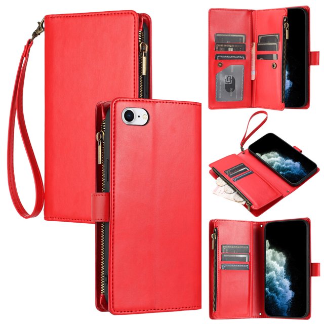Compatible with iPhone SE 2020 Wallet Case Premium Zipper Large Space Flip PU Leather Cover