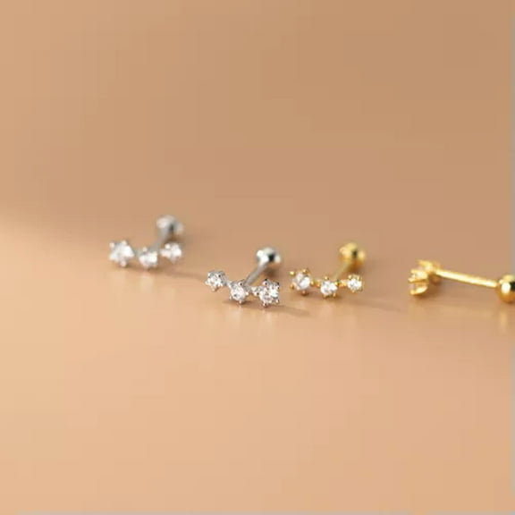 K-KED 925 Sterling Silver Triple Clear CZ Stud Earrings Screw Backs-Gold