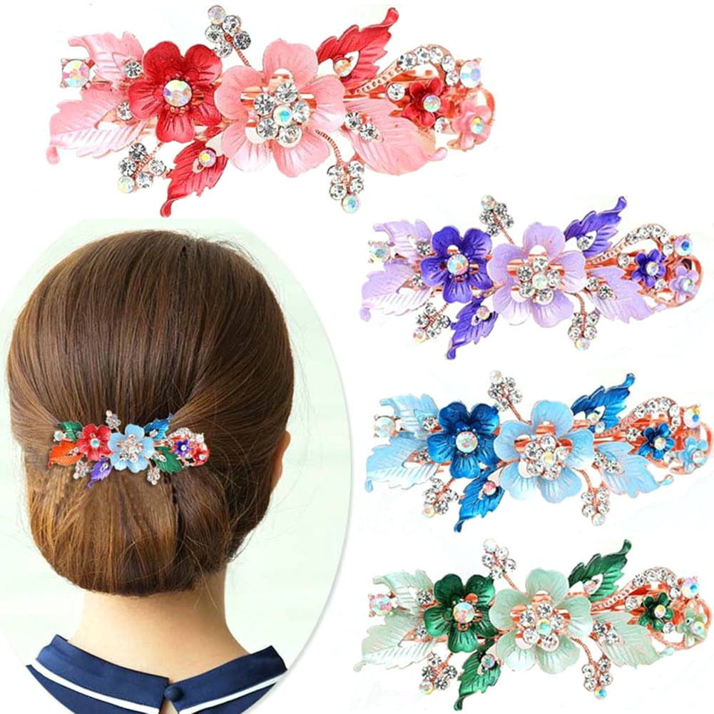 Women Flower Hair Pin Duckbill Clip Comb Clamp Claw Plastic Crystal Accessory S 