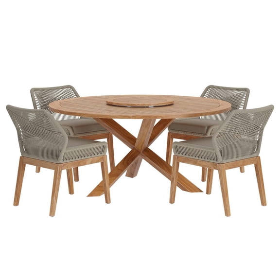 Side Dining Chair and Table Set, Light Grey Gray Natural, Teak Wood, Outdoor Patio Balcony Cafe Bistro Garden Hospitality Restaurant, Modern Contemporary HB34443