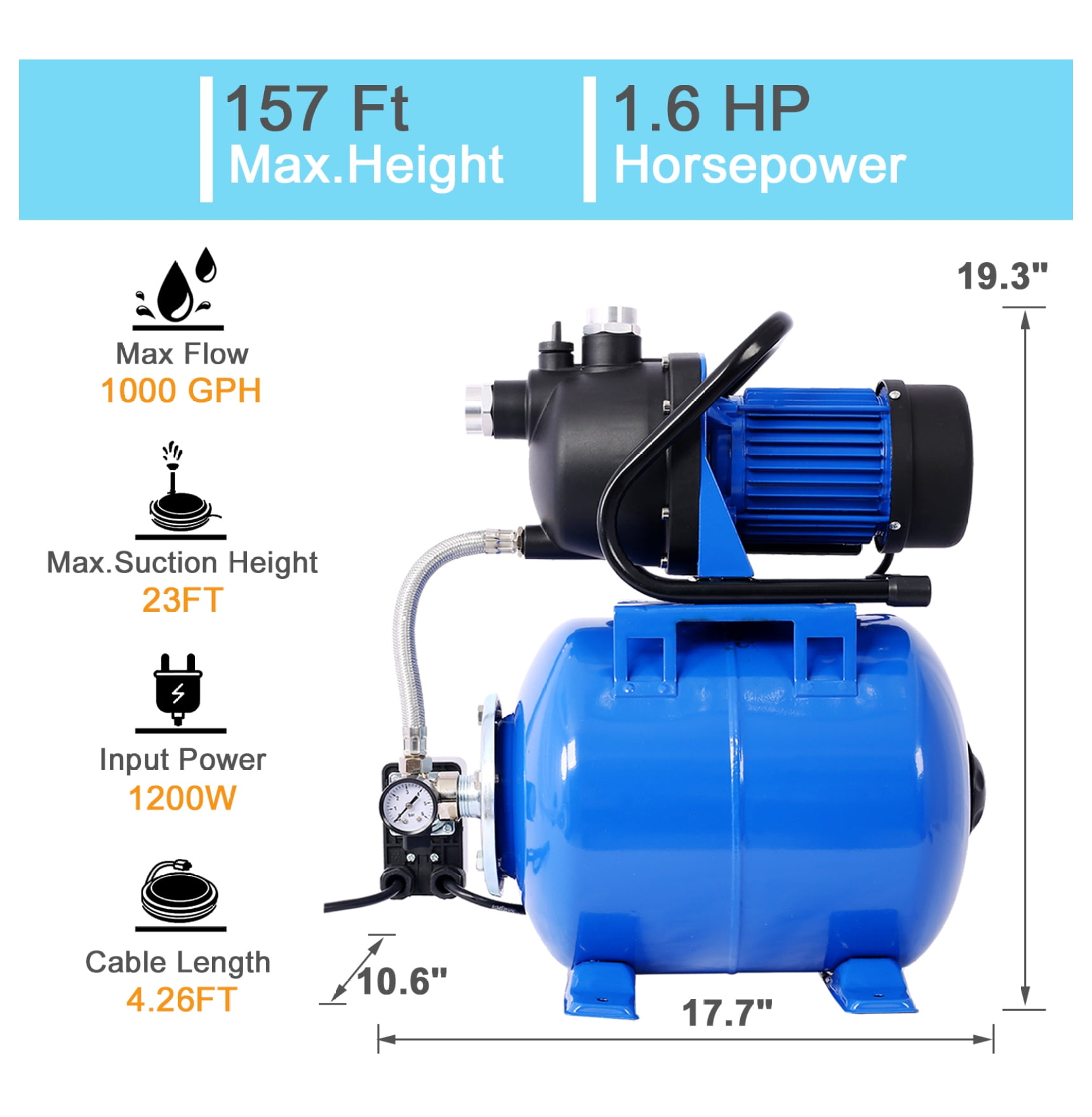 1.6HP Shallow Well Pump with Pressure Switch, Garden Water Pump, Irrigation Pump, Automatic Booster Pump for Home, Lawn, Farm