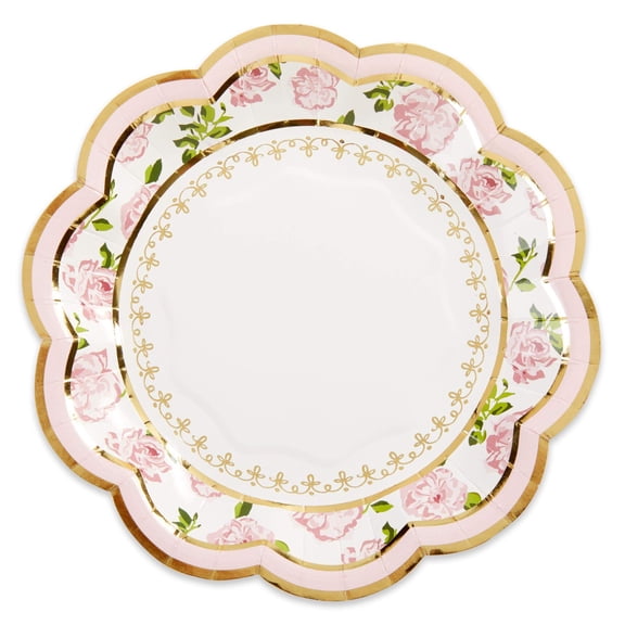 Elegant Floral Tea Party Paper Plates 7 Inch, Set of 16, Disposable Pink Plates for Bridal Brunches, Showers, Weddings, Pink