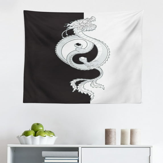Kung Fu Tapestry, Chinese Martial Art Sports Themed Man Silhouette Pose in Round, Fabric Wall Hanging Decor for Bedroom Living Room Dorm, 2 Sizes, Charcoal Grey Vermilion, by Ambesonne