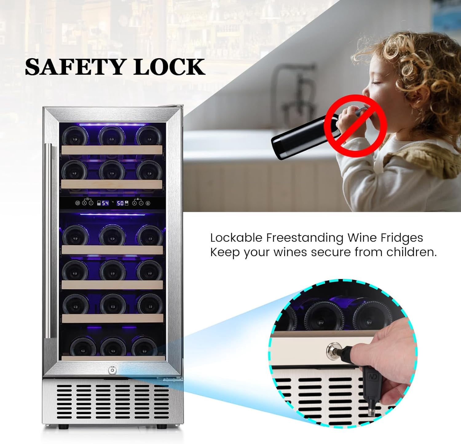 CRZOE 28 Bottle Wine Fridge with Lock, 15 Inch Wine Refrigerator for Red, White, Champagne, Beer, Dual Temperature Zone, Built-In or Freestanding, Wood Shelves, Stainless Steel Glass Door