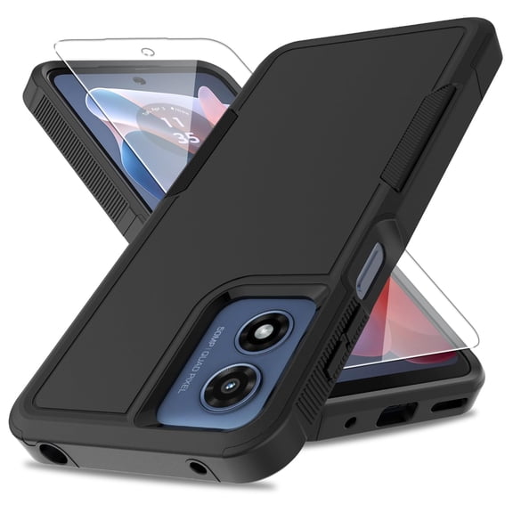 Dual Layer Phone Case compatible with Motorola Moto G Play 4G 2024, Military Grade Drop Tested Heavy Duty Protective Cover with Screen Protector, Non-Slip Shockproof Case, Black