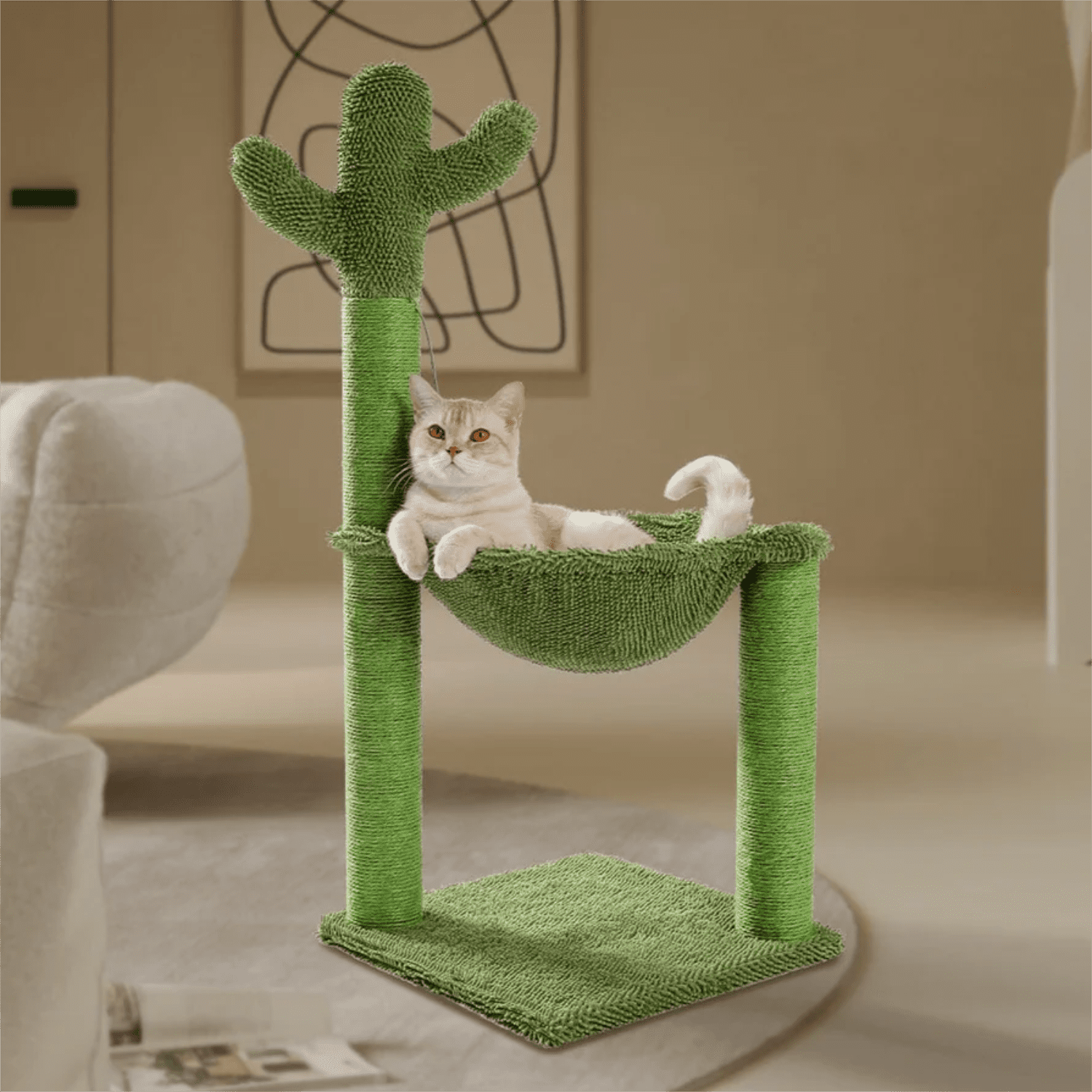 Pefilos 37 Inches Cactus Cat Tree Cat Scratching Post for Indoor Cats with Hammock Play Tower Climbing Stand for Indoor Kittens, Full Wrapped Sisal Scratcher Post for Cats, Green