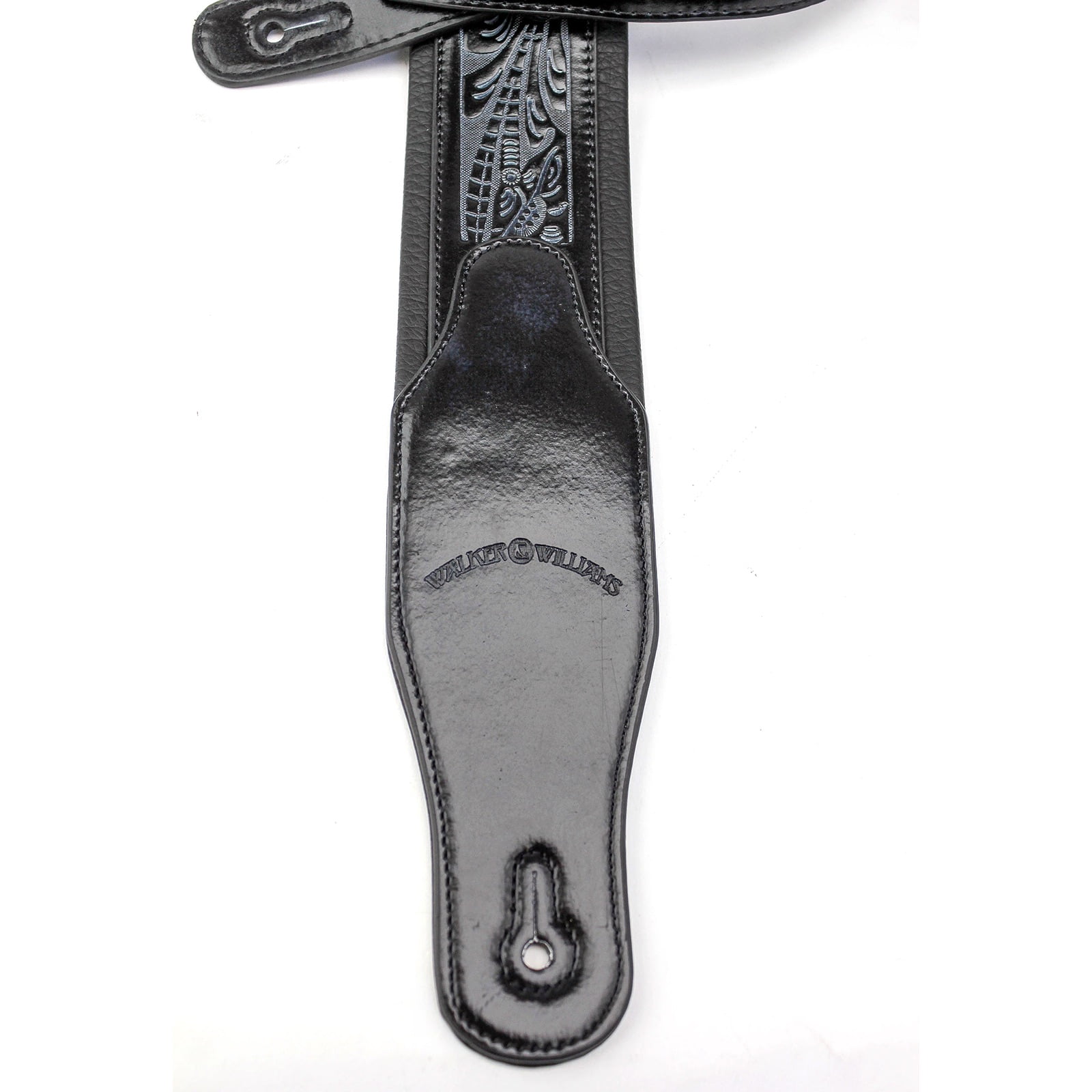 Walker & Williams G-118 Black on Black Padded Guitar Strap with Embossed Tooling & Padded Glove Leather Back
