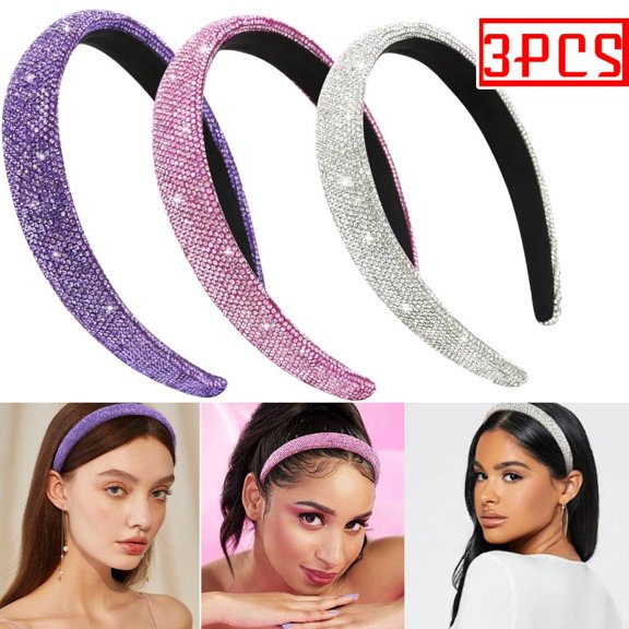 3 PCS  Rhinestone Headbands (Purple Pink Silver) Women Girls Sparkly Bling Diamond Headband Fashion Comfortable Head Band Non Slip