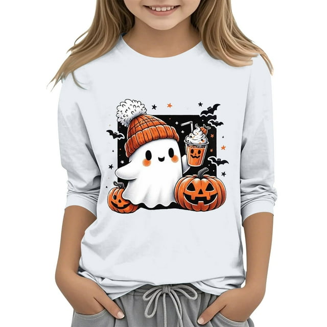 XQYLOS T-Shirt Mignon Festif pour Filles, Haut Décontracté pour Enfants, Imprimé 2D Halloween, Col Rond, Manches Trois-Quarts, Automne Mode