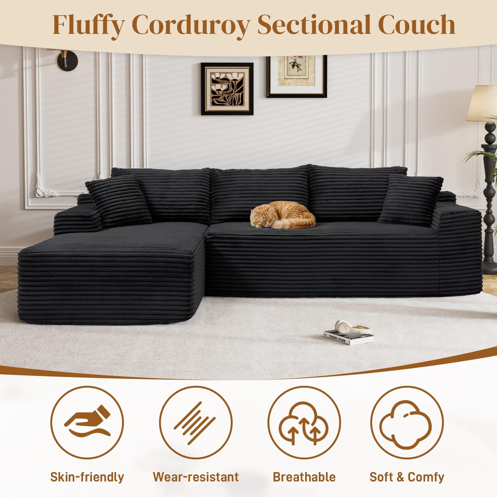 Aukfa 95" Modular Cloud Sectional Sofa, L-Shaped Couch with Left Facing Chaise, No Assembly Required Corduroy Deep Seat Sleeper Sofa for Living Room, Apartment, Black