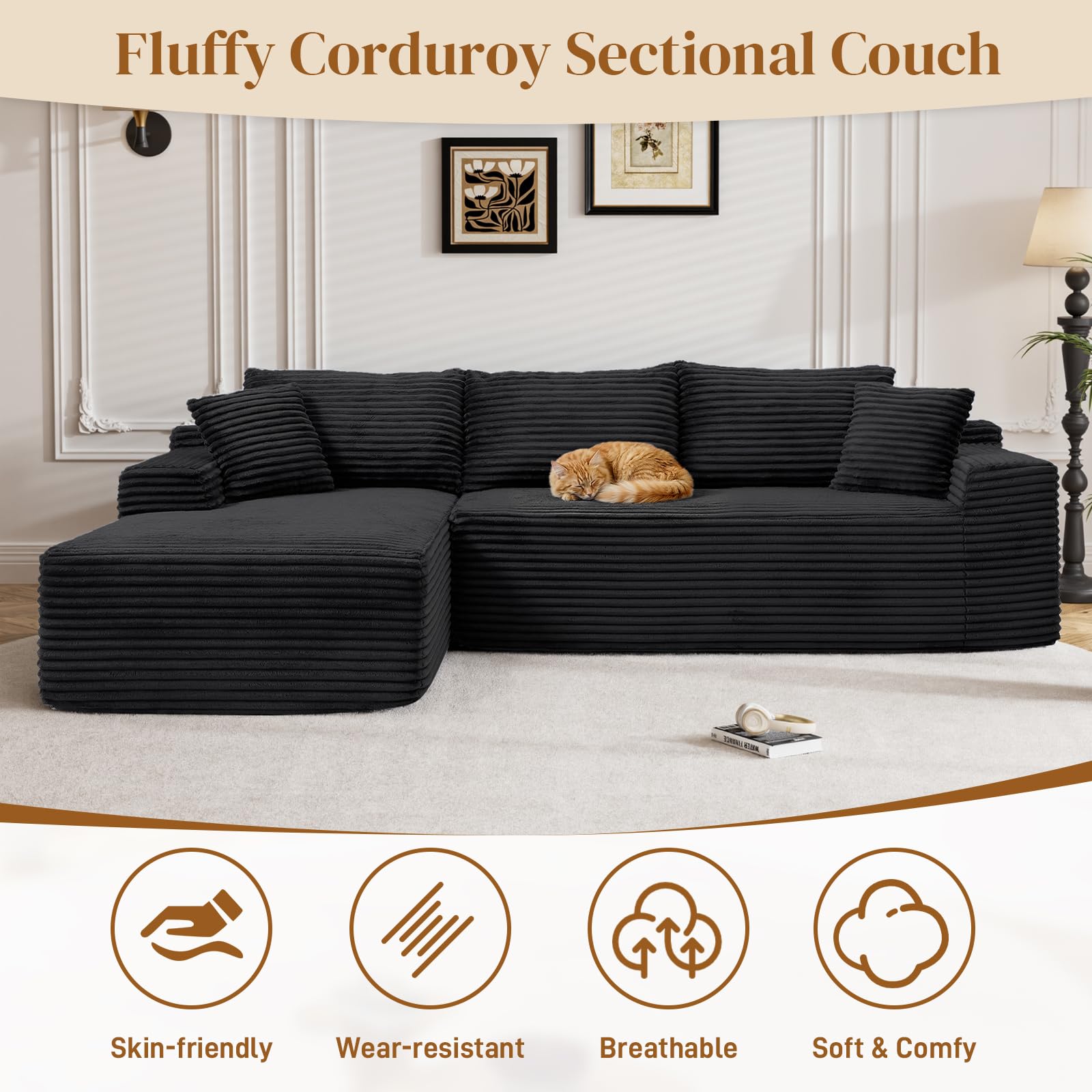Aukfa 95" L-Shaped Cloud Sectional, Left Chaise, Black photo 4