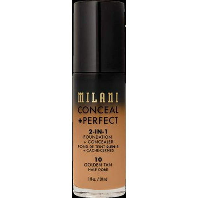 Milani Conceal + Perfect 2-in-1 Foundation + Concealer - Golden Tan (1 Fl. Oz.) Base líquida libre de crueldad animal - Cubra las ojeras, las imperfecciones y la decoloración de la piel para una tez