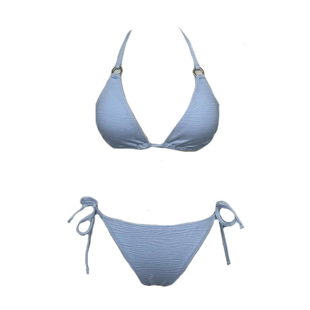 Traje de Baño Ocean Pacific para Mujer Bikini con Textura y Argolla en Pecho, Amarre ajustable en Cintura Azul Talla M 2 Piezas