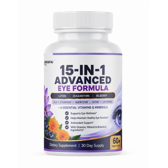 PUREFIGHT4U 15-in-1 Advanced Eye Formula, Lutein, Zeaxanthin & Bilberry, 60 Veggie Capsules