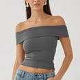 thumbnail image 2 of ZyeKqe Going out Tops for Women off Shoulder Tops Short Sleeve Crop Top Solid Color Stretchy Slim Fitted Basic Tees, 2 of 7