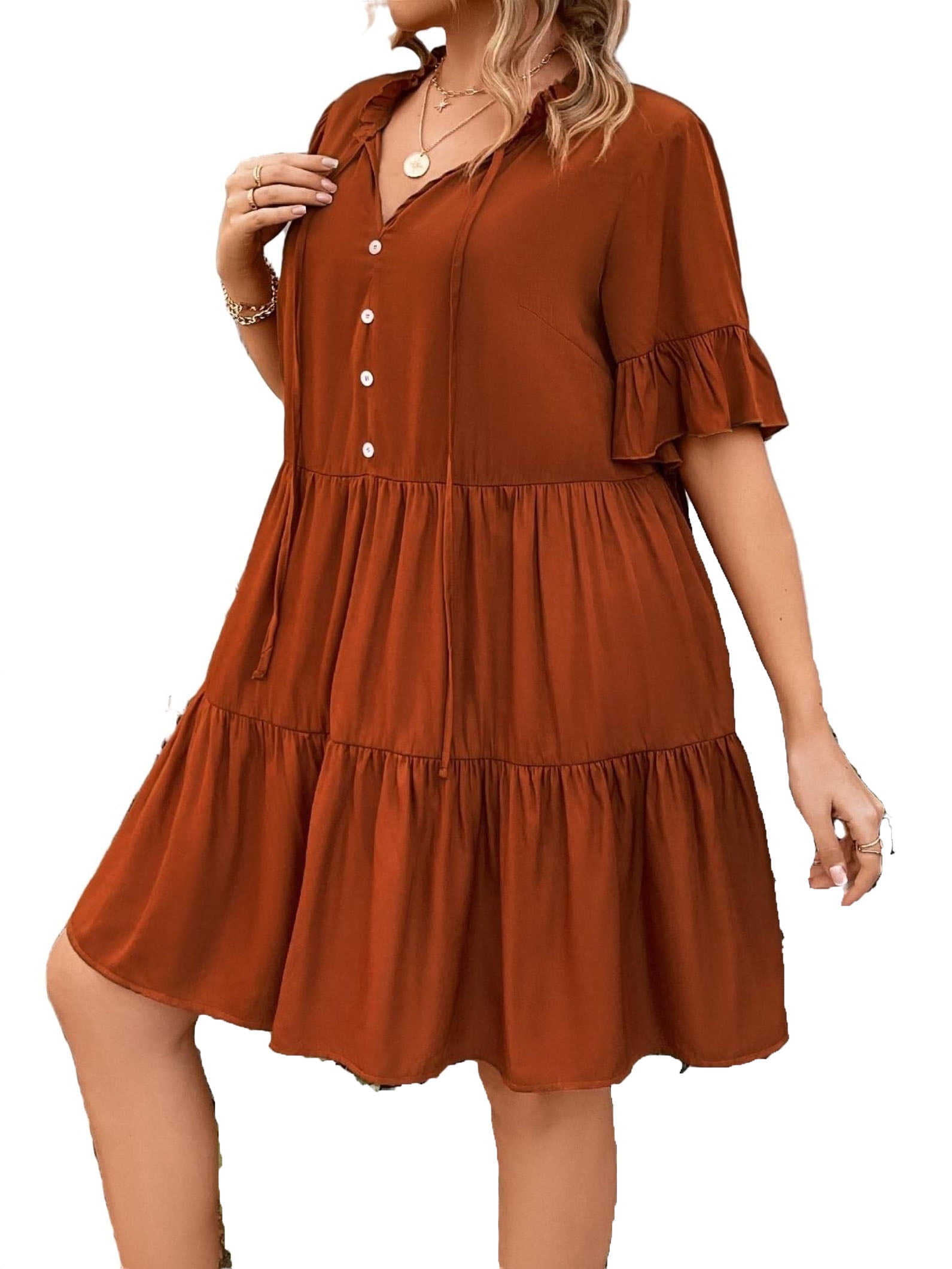 Cute Plain Tie Neck Smock Dress Short Sleeve Burnt Orange Plus Size Dresses  (Women's) - Walmart.ca