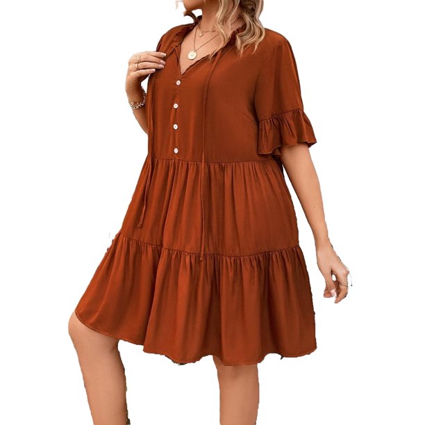 Cute Plain Tie Neck Smock Dress Short Sleeve Burnt Orange Plus Size Dresses (Women's) - Walmart.ca Cute Plain Tie Neck Smock Dress Short Sleeve Burnt Orange Plus Size Dresses (Women's) - Walmart.ca